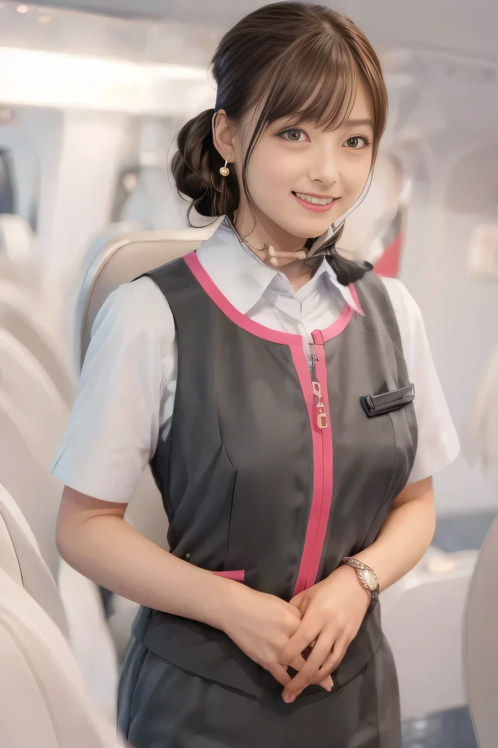 (masterpiece:1.2, Highest quality:1.2), 32k HDR, High resolution, (alone、1 girl)、（On the roof of a building、Professional Lighting）、daytime background、（Realistic style of JR Gran Class crew uniform）、Short sleeve blouse、a scarf around the neck、（JR Gran Class flight attendant uniform with pink parts on the skirt sleeves）、（The uniform of the flight attendants of JR Gran Class has a pink line on the front zipper of the vest.）、There are no pink lines on the uniform skirts of flight attendants in JR Gran Class、Dark brown hair、（Hair tied up、Bun Hair）、Dark brown hair、Long Shot、Big Breasts、（（Great hands：2.0）），（（Harmonious body proportions：1.5）），（（Normal limbs：2.0）），（（Normal finger：2.0）），（（Delicate eyes：2.0）），（（Normal eyes：2.0））)、Luxury earrings、smile、Beautiful standing posture,