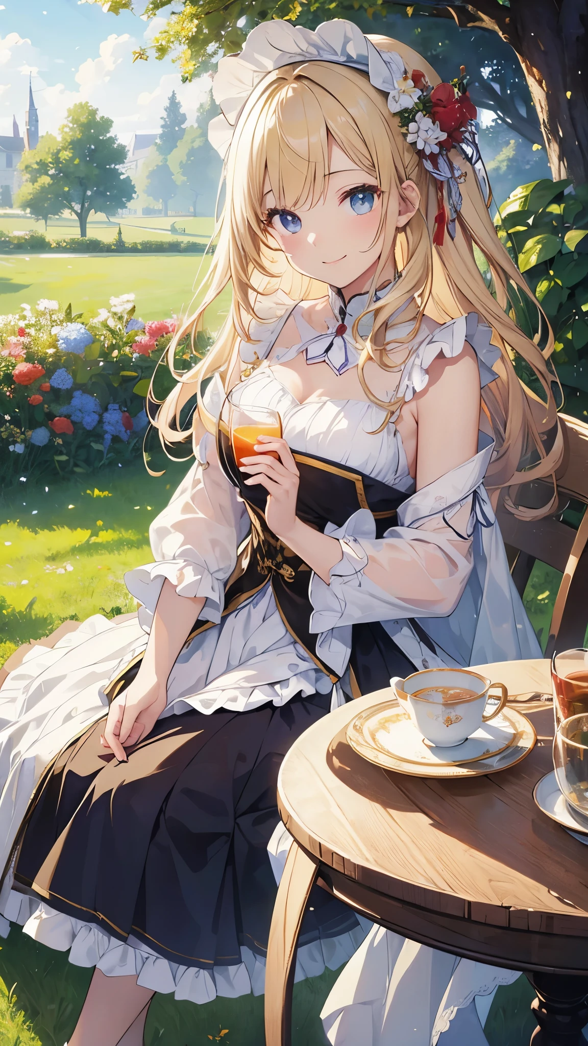 ((masterpiece)), ((Highest quality)), ((High resolution)), ((In detail))、European national costume、Anime style white woman、Blonde、smile、Happy expression、Daytime、Drinking tea in an English garden、cute、beautiful、