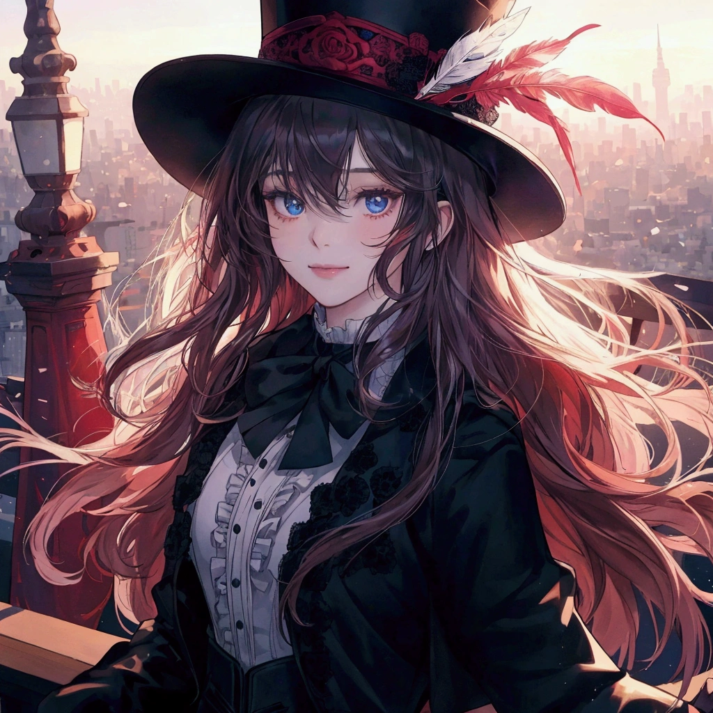 a girl, adolescent, long, light hair with a fringe that partially covers her eyes, deep blue eyes with an intense shine, pale skin radiating a soft light, wearing a black Victorian top hat with a red line over the brim, a white feather on the left side of the hat, a navy blue blouse with ruffled edges at the collar and cuffs, over the blouse, there is a coat with a lowered hood in dark red color, a black lace necklace with a small blue sapphire pendant around the neck, black pantyhose with a floral pattern, black leather high boots, black leather gloves with finger openings, She's at the top of the Tokyo Tower, in a dynamic heroic pose, sideways to the screen, facing the city with a slight hopeful smile.