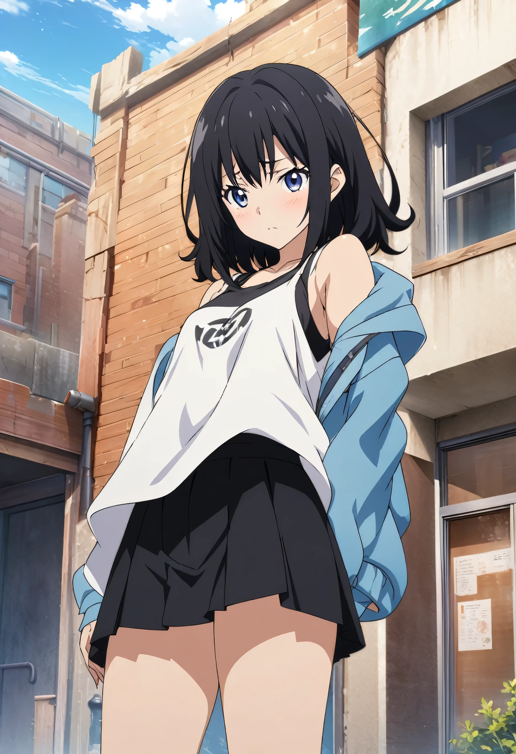 masterpiece, Highest quality, Highly detailed CG Unity 8k wallpaper, High School Girl Anime Illustration. Wear an oversized tank top, She is wearing a black mini skirt., I'Trying to catch a goldfish., She has a lovely smile, smile. Silver Hair, black eye, twins, Bokeh Photo, (Soft Focus):1.2, Out of focus highlights, Dreamy atmosphere, Glowing circle, Fascinating Depth, The background is a realistic landscape