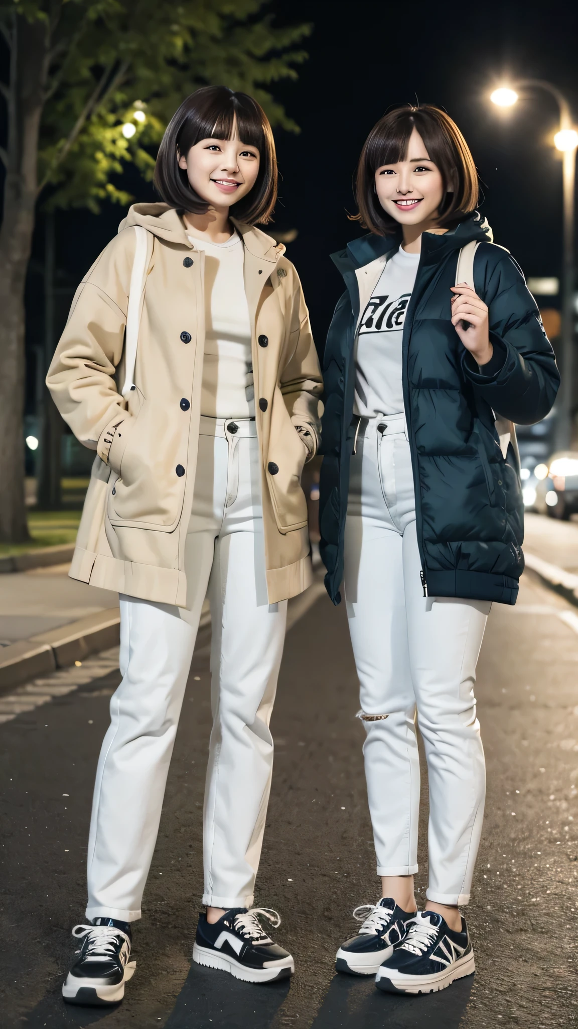 Two women wearing coats、white jeans and sneakers。Full body photo、Are standing、Short Haircut、smile、Background is a park at night。.
