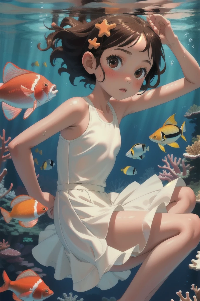 high quality, masterpiece, 8Year old girl, Brown Hair, White dress, In the water, Coral Reef, fish, Skirt flipped up、