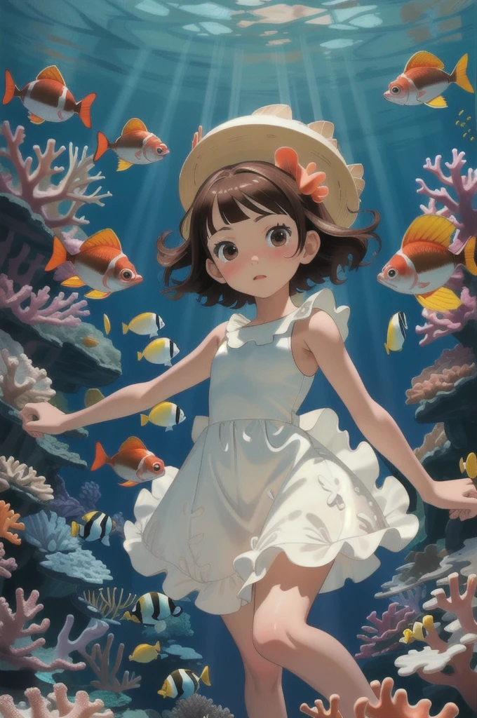 high quality, masterpiece, 8Year old girl, Brown Hair, Semi-transparent one-piece dress, In the water, Coral Reef, fish, Skirt flipped up、