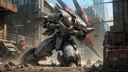 meca,roboT,droid,holding_assault rifle,giant,city,masterpiece,best quality,super detailed,super fine illustration,battle scene,ARMORED CORE,red,Catapult Cannon,dynamic angle,Heavy Armor,battle field