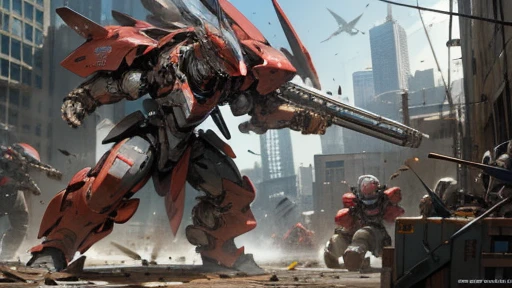 meca,roboT,droid,holding_assault rifle,giant,city,masterpiece,best quality,super detailed,super fine illustration,battle scene,ARMORED CORE,red,Catapult Cannon,dynamic angle,Heavy Armor,battle field