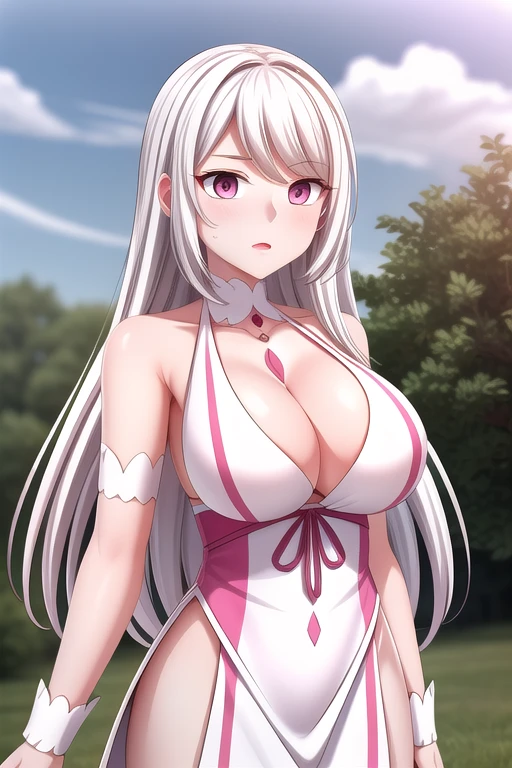 HDR quality image, no distortions, extra detailed, white hair, maintain hairstyle, clear pink big clean shiny eyes, clean face, shiny face, shiny skin, wearing her original dress, standing outdoors, cowboy shot