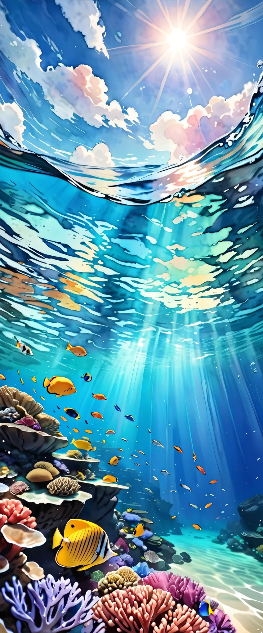 (masterpiece:1.2, Highest quality,Highest quality,Very detailedな:1.2),(Very detailed),8k,(Watercolor:1.3),stylish,Coral Reef,Small fish,tropical fish,In the beautiful sea,Transparent water texture,(From below:1.3),(Cool photos),Sunlight shining into the sea,(Beautiful gradation created by layering),(Tarashikomi technique),(splash)