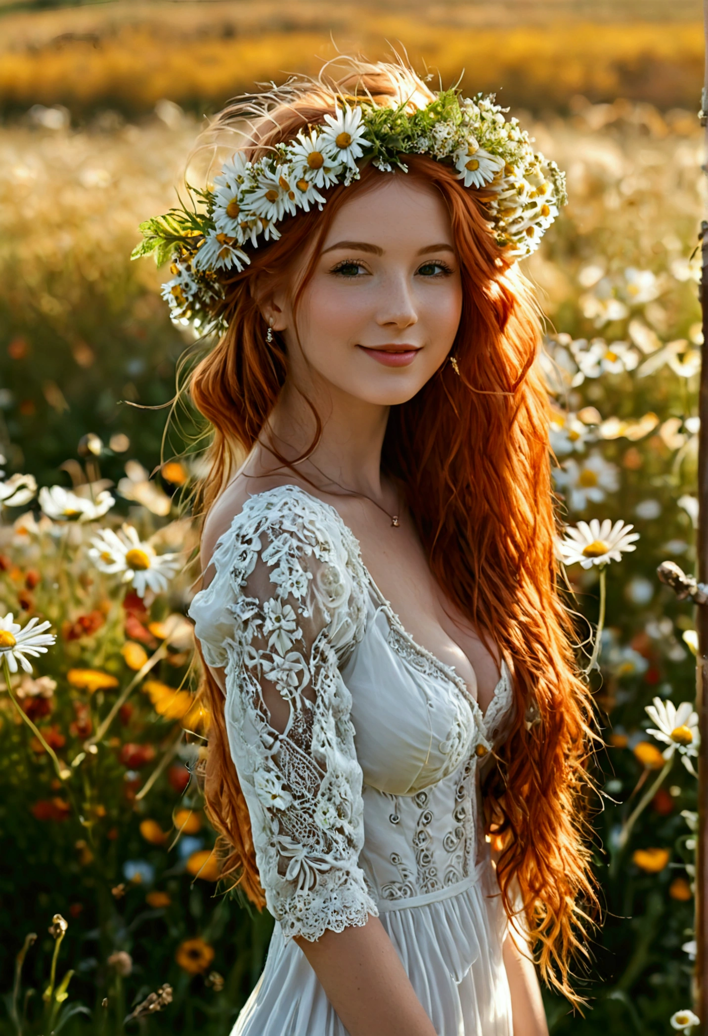 (full body shot:1.7) photorealistic image of a (standing pose:1.1) woman, ultra realistic, photography, long red hair, girl, 24 years old, hourglass figure, perfect body, Flirty look, natural medium breasts, blur background, standing in a field of daisies, wearing a long white dress, cleavage, wearing a flowercrown, smiling, sunny day, sunshine