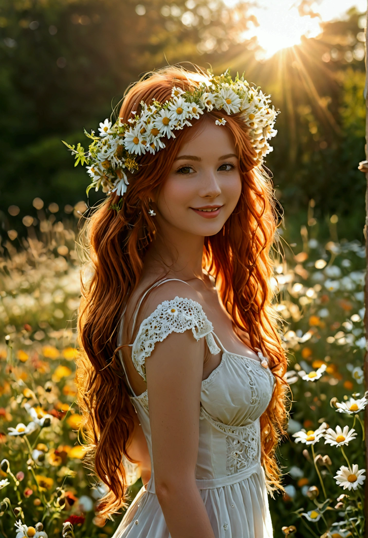 (full body shot:1.7) photorealistic image of a (standing pose:1.1) woman, ultra realistic, photography, long red hair, girl, 24 years old, hourglass figure, perfect body, Flirty look, natural medium breasts, blur background, standing in a field of daisies, wearing a long white dress, cleavage, wearing a flowercrown, smiling, sunny day, sunshine, full body, full body picture, full body shot, wide angle, wide angle picture, wide angle shot,