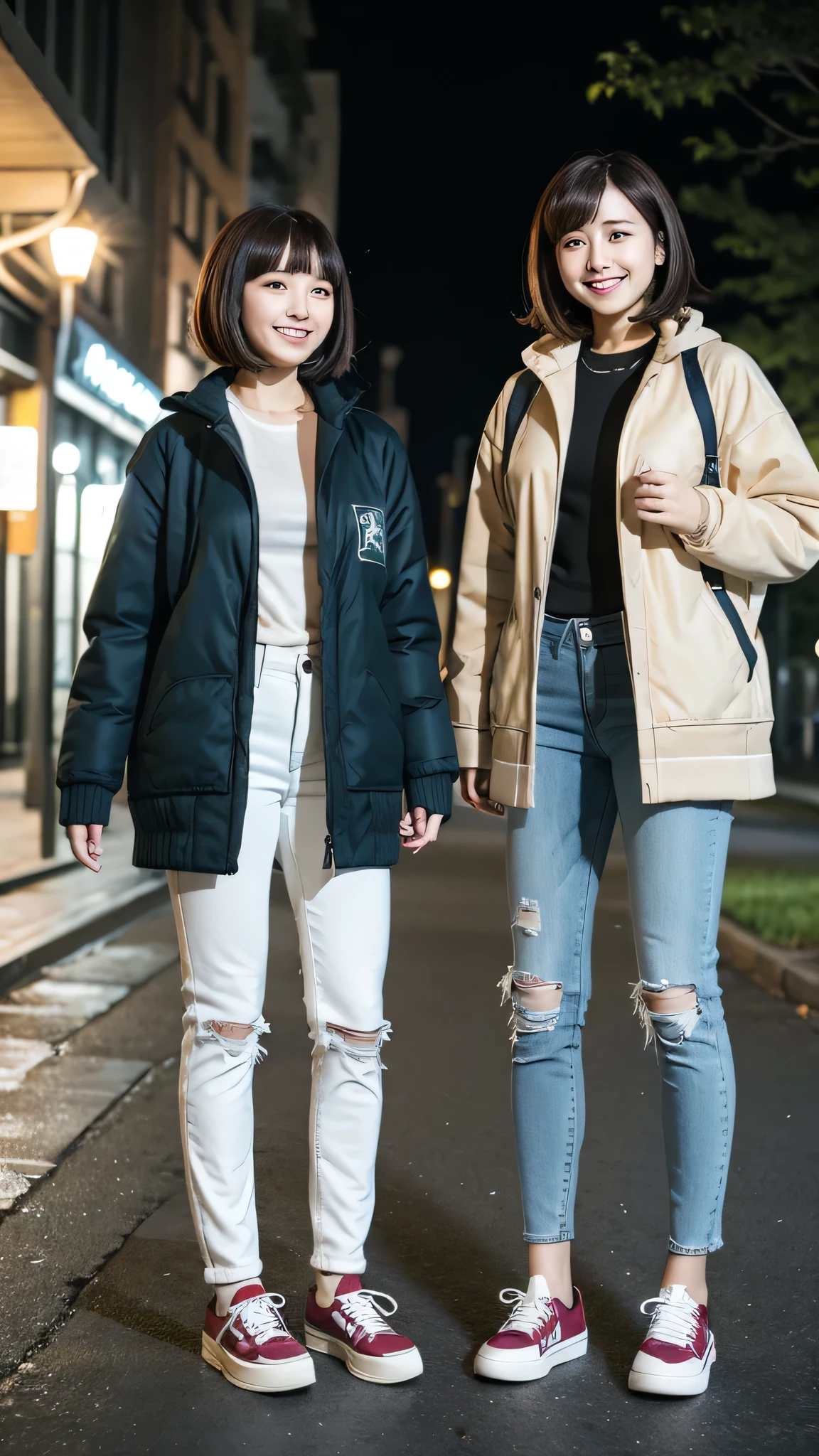 Two women wearing coats、white jeans and sneakers。Full body photo、Are standing、Short Haircut、smile、Background is a park at night。.