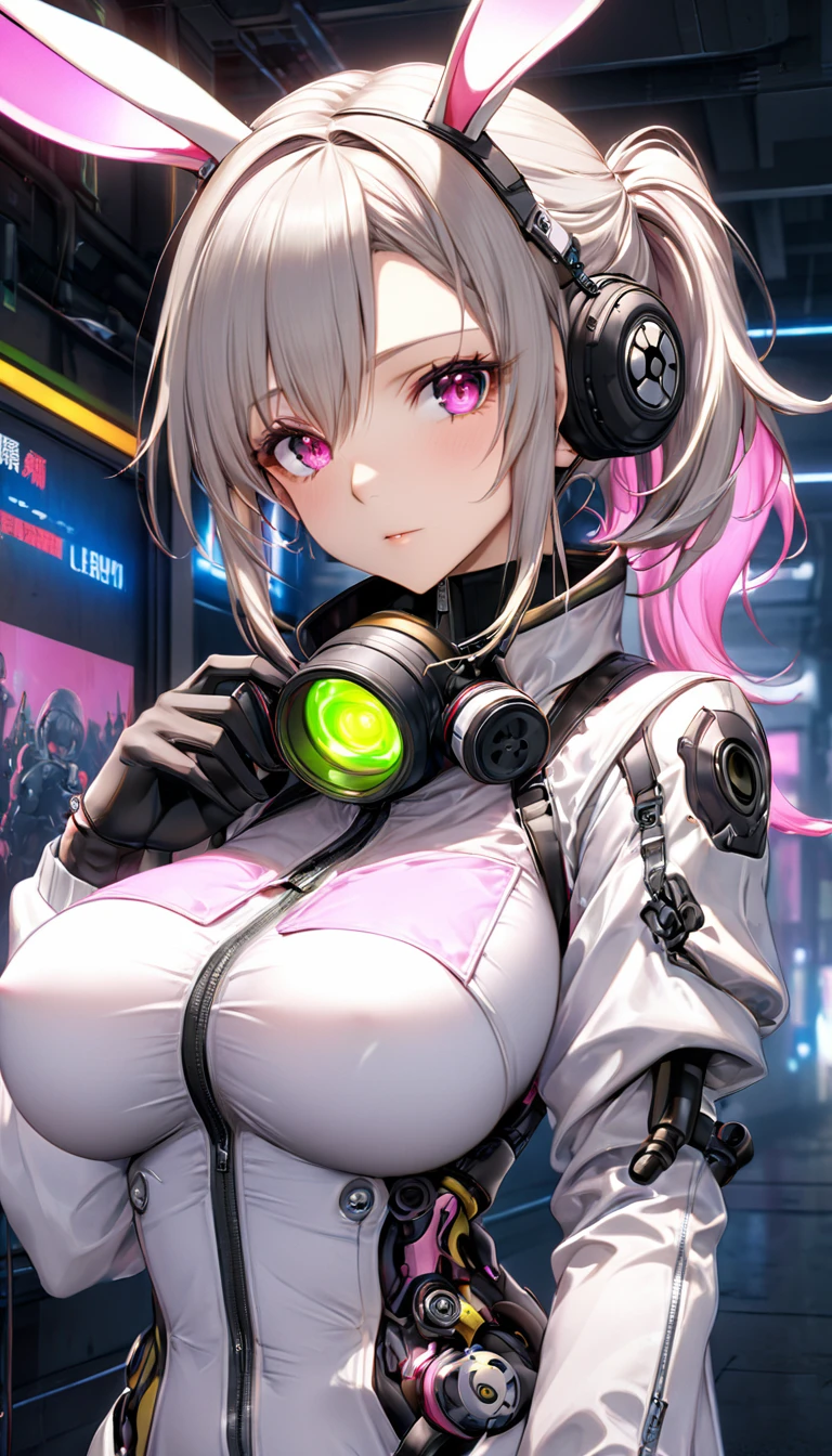 ((Highest quality)),Cyborg style cyborg girl，Grey Hair，Long ponytail hairstyle，Wearing rabbit ear headphones and a gas mask，The gas mask has a green light on it.，Wearing a white suit，There is a long strip of pink light on the clothes，Pink Eyes，（Black gloves）Large Breasts, Ample breasts, His left hand is a mechanical prosthesis，The body is connected by wires and pipes， ((masterpiece)), (detailed:1.4), 3d, Beautiful Cyberpunk Female Figure,High resolution（High Dynamic Range）,Ray Tracing,NVIDIA,Super Resolution,Unreal 5,Underground diffusion、PBR Textures、After treatment、Anisotropic Filtering、definition and clarity of the champaximum、Multichannel textures、Albedo and Specular Maps、Surface Shading、Accurate simulation of light-matter interactions、Perfect proportionake Octane、2-color light、Grand Opening、Low ISO、White balance、Three-part method、8K RAW、