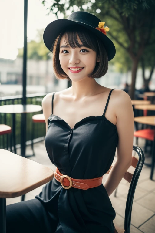 (((Top quality, 8K, Masterpiece: 1.3)), Beautiful girl, Pure, Melon face, Feminine and cute, Kind smile, Pure desire, Slender body, (Front), (Tilted head), ((Looking at camera) ), wearing a colorful suit, black silky short bob hair ponytail, long flowing shoulders, round black big eyes, clear big eyes, moist red lips, sweet, sitting on a chair, cafe terrace background ,(((waist shot))),SFW, Bokeh, sophie hatter, magical, hat 🎩)