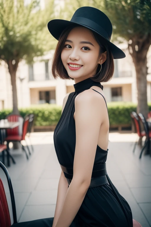 (((Top quality, 8K, Masterpiece: 1.3)), Beautiful girl, Pure, Melon face, Feminine and cute, Kind smile, Pure desire, Slender body, (Front), (Tilted head), ((Looking at camera) ), wearing a colorful suit, black silky short bob hair ponytail, long flowing shoulders, round black big eyes, clear big eyes, moist red lips, sweet, sitting on a chair, cafe terrace background ,(((waist shot))),SFW, Bokeh, sophie hatter, magical, hat 🎩)