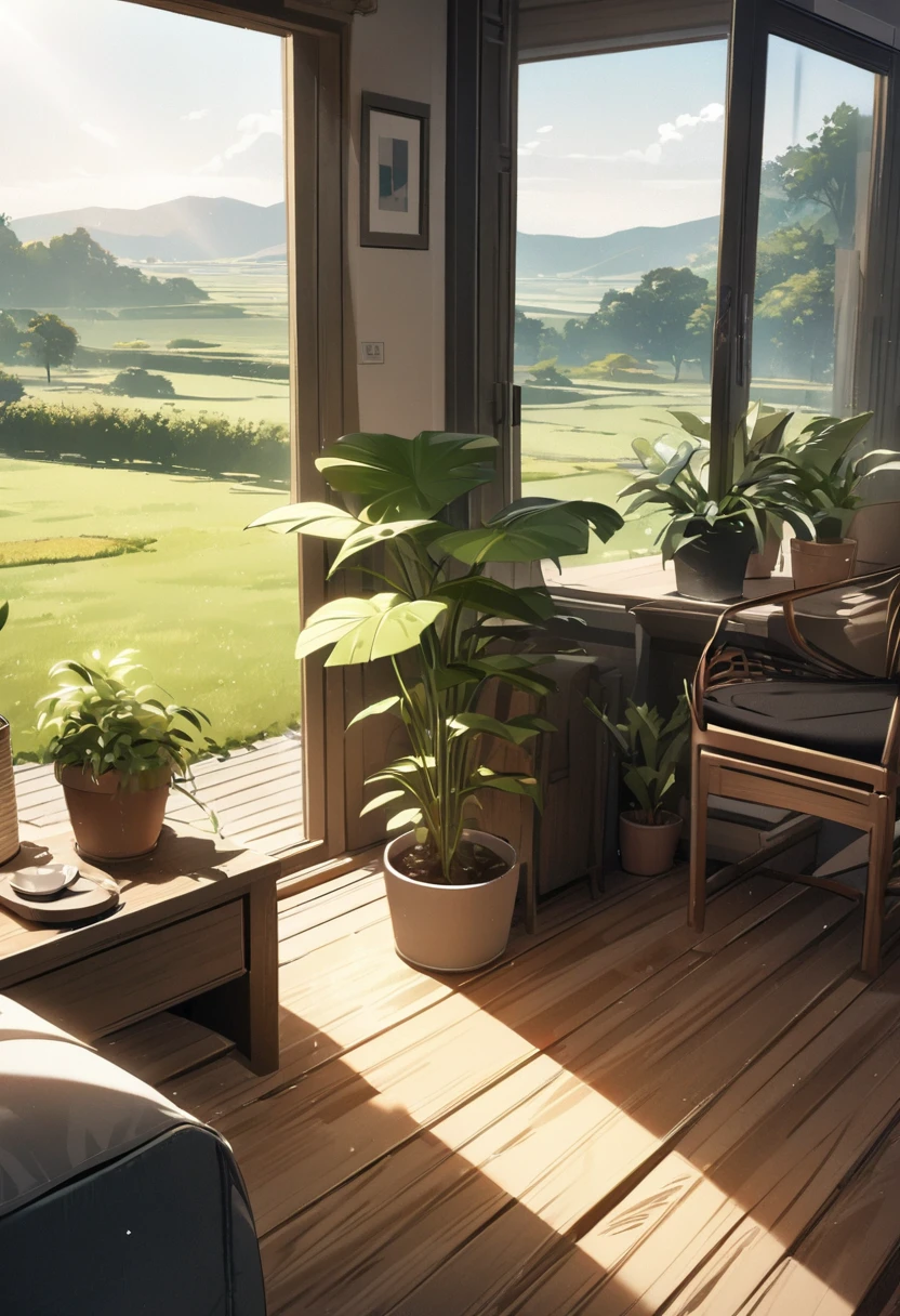 (masterpiece:1.2), best quality,pixiv,Warm animated scenes, landscape, No humans, plant, Wooden floor, ,Competent, tCompetent,, Sunlight,, indoors, potted plant, Chair, fan,