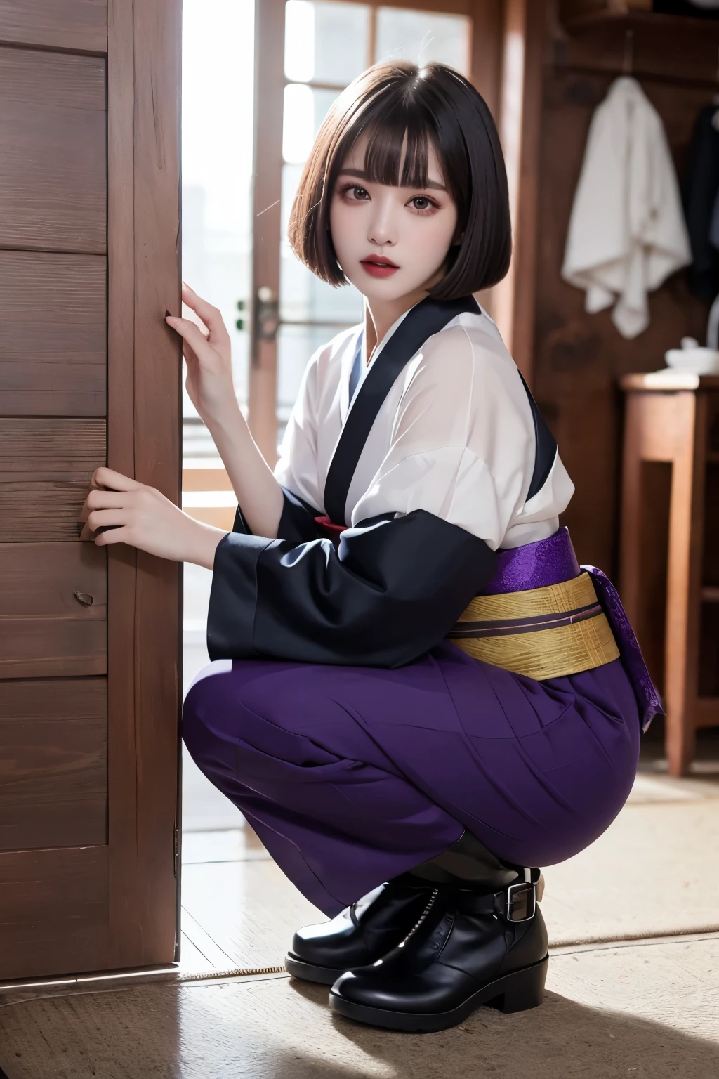 ulzzang-6500-v1.1, (RAW Photos:1.2), (Realistic), (Genuine:1.4), (Flying debris), Elegant woman with a perfect figure: 1.3, Jet Black Hair、((Straight bob cut with neatly trimmed ends,short hair、bangs))、(She is wearing a deep purple furisode with an elegant pattern...)、have a closed fan、Majestic Hall々, (A look full of murderous intent:1.2)、 Highly detailed face and skin, Beautiful Eyes, double eyelid,  (Full Body Shot:1.3)、Wearing short boots、