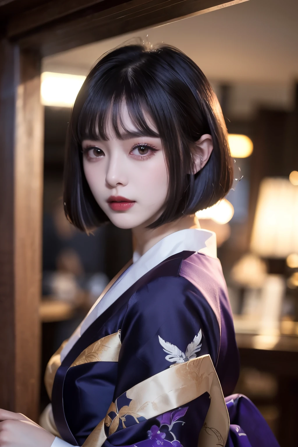 ulzzang-6500-v1.1, (RAW Photos:1.2), (Realistic), (Genuine:1.4), (Flying debris), Elegant woman with a perfect figure: 1.3, Jet Black Hair、((Straight bob cut with neatly trimmed ends,short hair、bangs))、(She is wearing a deep purple furisode with an elegant pattern...)、have a closed fan、Majestic Hall々, (A look full of murderous intent:1.2)、 Highly detailed face and skin, Beautiful Eyes, double eyelid,  (Full Body Shot:1.3)、Wearing short boots、