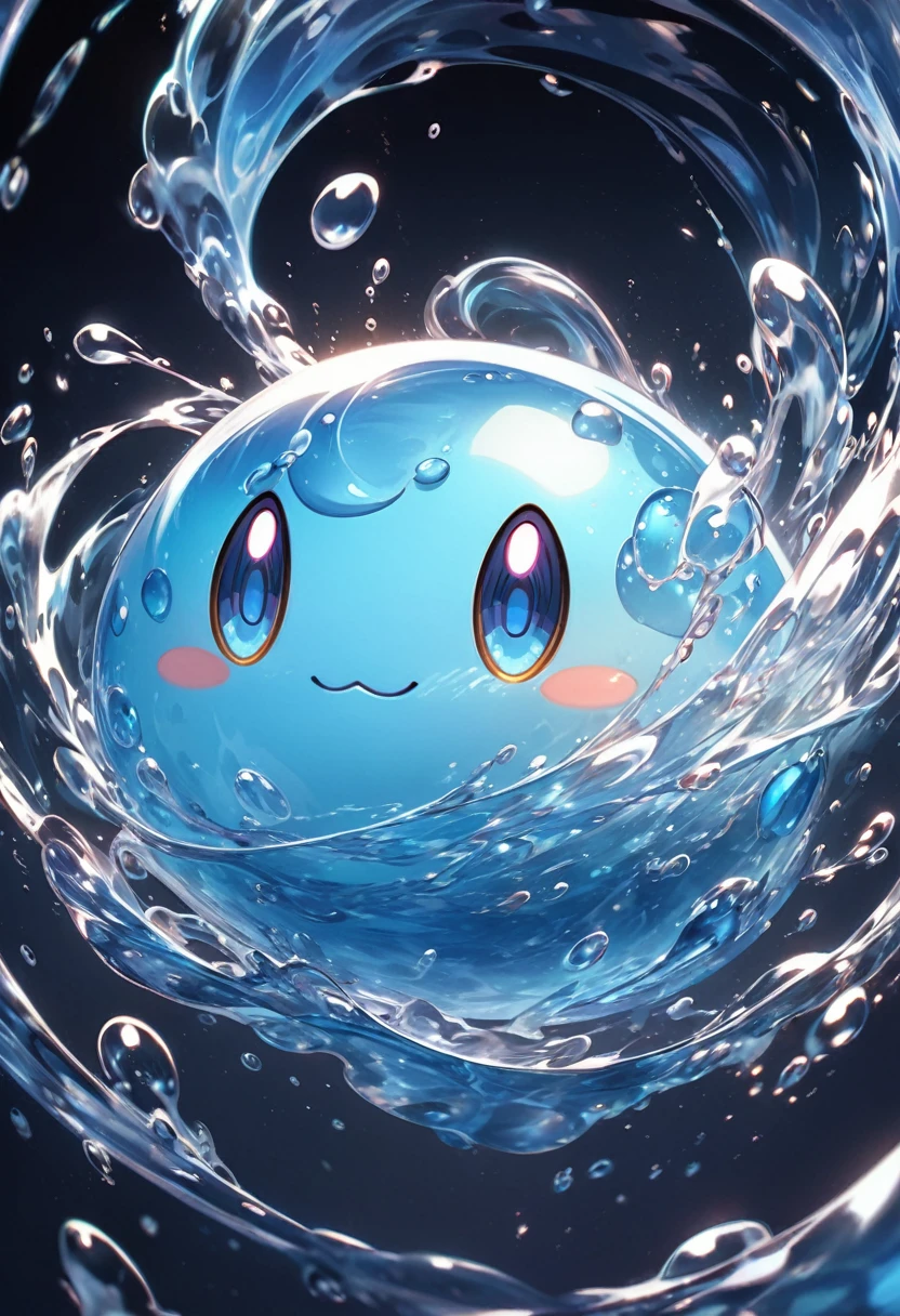 Japanese cartoon slime fantasy fictional creature flat light blue cute slime(close up)Glowing water splash all around dark blue background shiny rotating high dynamic vortex surrounding slime , Swirl dynamics
( Correct and perfect anatomy ) Ultra-detailed animation art and visual effects masters perfectly compose intricately detailed digital art