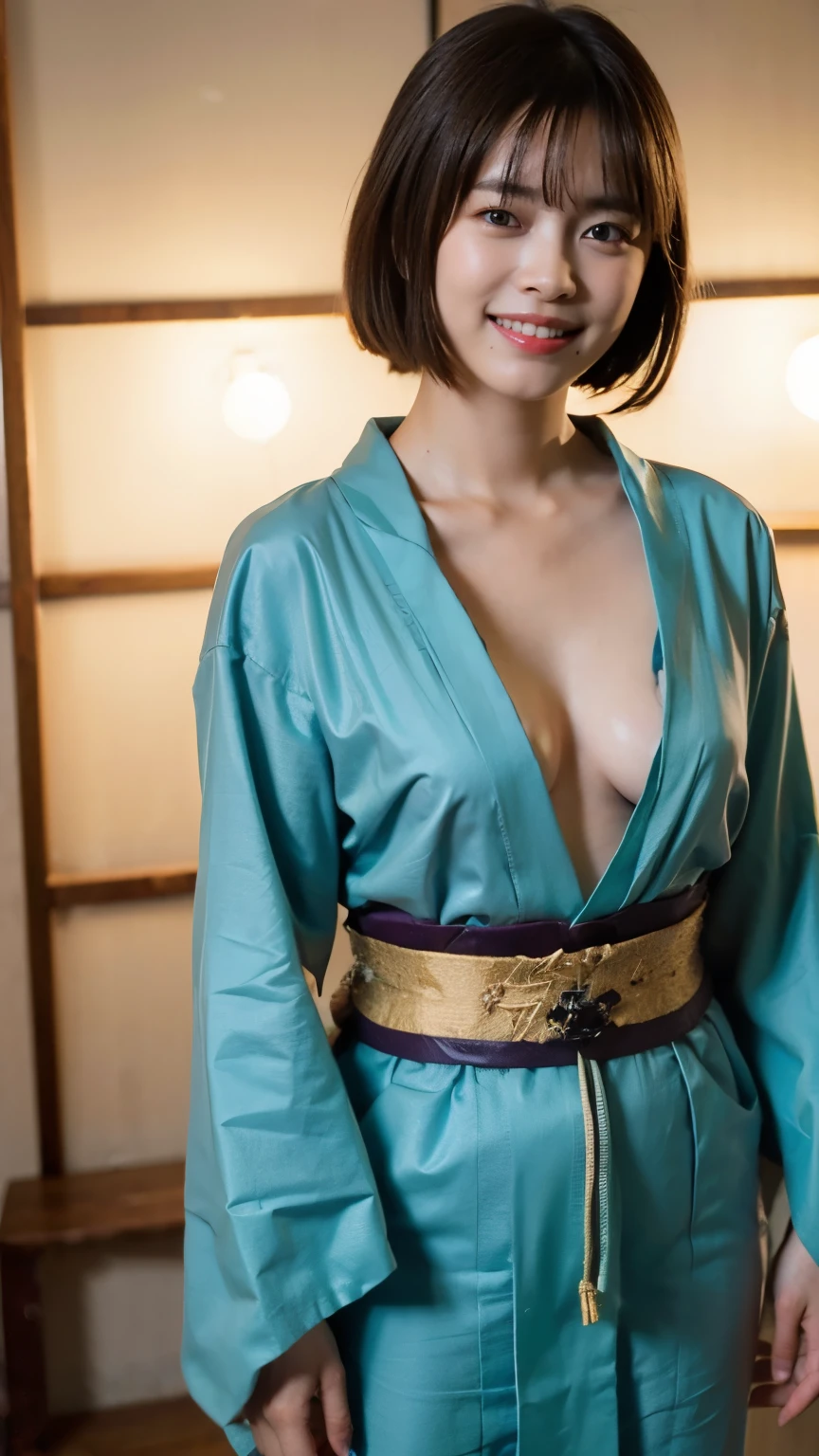 (8k、RAW Photos、Highest quality、masterpiece:1.2)、((night、Dark Room、Japanese-style room、smile:1.5))、((Skinny body、naked、Blue-green kimono、Flat Chest、Nipples、pubic hair:1.3))、(Realistic、Realistic)、1 girl、(Short Hair、On the bed、sleep))、cute