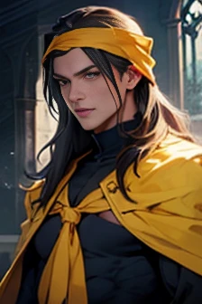 Dark-haired man looking at the camera、whole body、(((Yellow bandana on head))),(((Muscular)))、(Very detailed CG ユニティ 8k 壁紙,masterpiece, Highest quality, Very detailed),(Best lighting, Best Shadow, Very delicate),good looking ,Roleplaying、Small eyes、Long Hair、Fantasy style clothing、Yellow clothes、Yellow Cape、