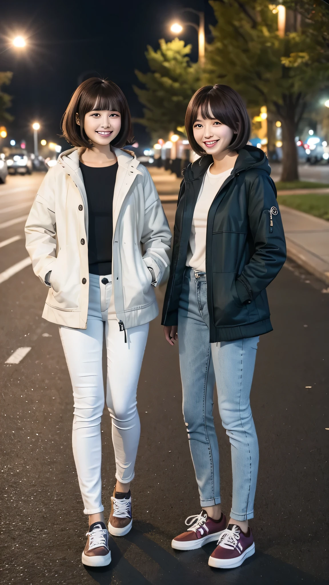 Two women wearing coats、white jeans and sneakers。Full body photo、Are standing、Short Haircut、smile、Background is a park at night。.