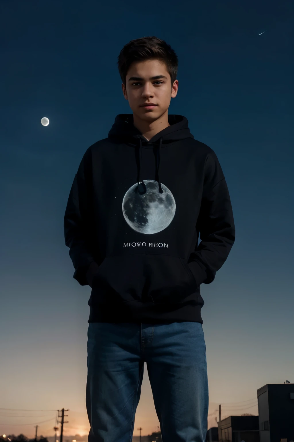 A realistic teen boy standing backward seeing  moon,the whole sky is bloody, the boy wearing a hoody where is written BINOY 