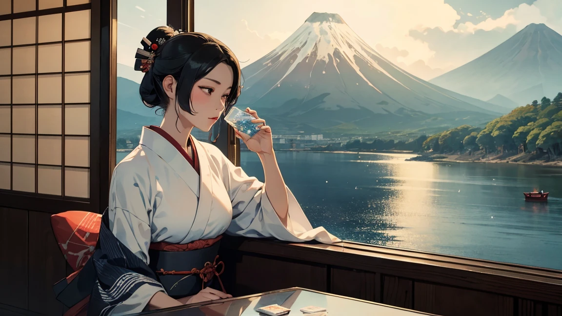 A woman in a kimono is sitting at a table on the deck of a ship, drinking a clear drink from a rocks glass. The bottle on the table says "shochu." Like an ukiyo-e painting Fine ink lines Ink style Fine ink illustrations In the background is the erupting Sakurajima