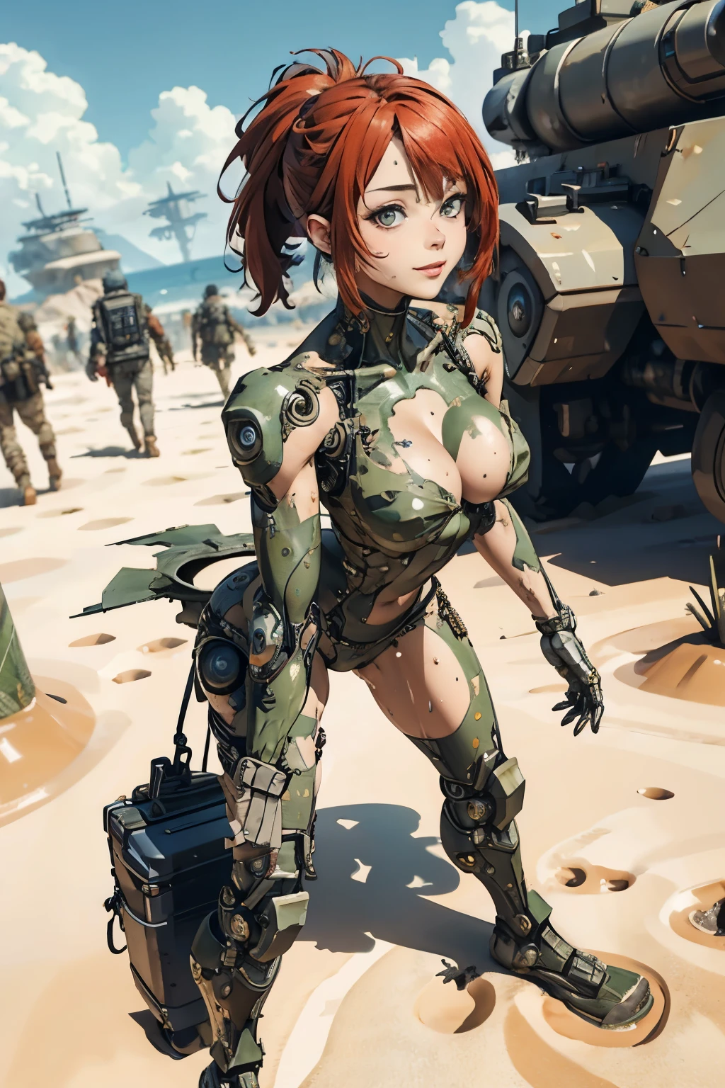 Beautiful alluring scifi soldier woman, wet oily sweaty dirty Skin, exposed mechanical robotic limbs, heavy large mechanical arms, heavy armored mechanical legs, wearing skimpy scifi metal armor with camo patterns,  camo pattern body painting, carrying gear, topless, in front of a cyber tank on a battlefield, toned muscels, abs, Bare Skin, Athletic Well Toned Body, Elegant Form, cyberpunk, Beautiful D&D Character Portrait, Fiverr Dnd Character, Octane Render, Digital Art, Extreme Detail, 4k, Ultra Hd, Polished, Beautiful, Hyperdetailed, Intricate, Elaborate, Meticulous, Photorealistic, Sharp Focus, Wlop, Character Design, Unreal Engine, 3d Rendered, Volumetric Lighting, Reflections, Glossy, Digital Illustration,Sensual Pose, Suggestive Pose, Full Body Shot, Lewd, beautiful perky breasts, visible breasts, anatomically correct ,💖❤💕💋❣,