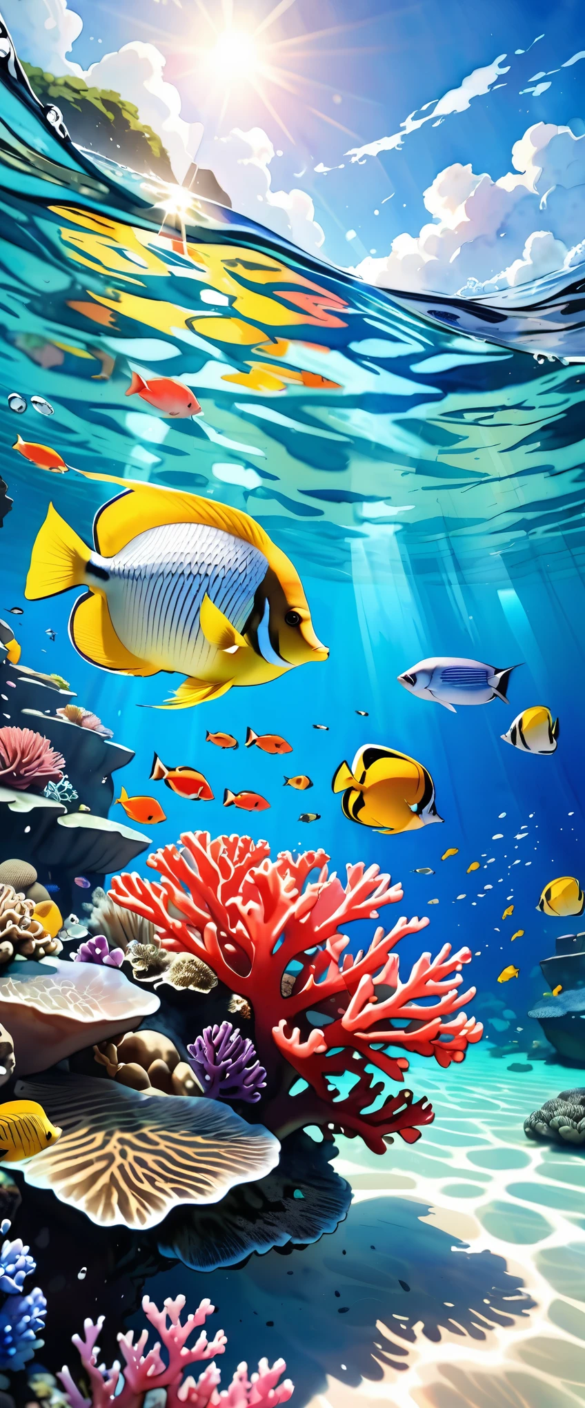 (masterpiece:1.2, Highest quality,Highest quality,Very detailedな:1.2),(Very detailed),8k,(Watercolor:1.3),stylish,Coral Reef,Small fish,tropical fish,In the beautiful sea,Transparent water texture,(From below:1.3),(Cool photos),Sunlight shining into the sea,(Beautiful gradation created by layering),(Tarashikomi technique),(splash)