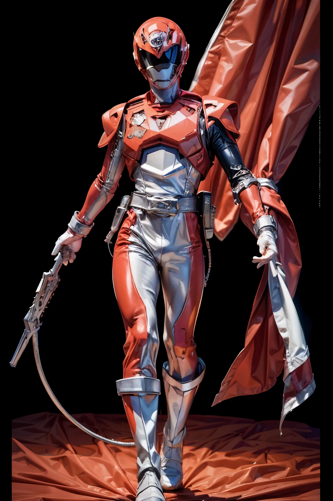 1boy, white, full body, Illustration, cinematic light, high resolution, best quality, ultra detailed, masterpiece, power suit, powerranger, suit, spd, (silver royal guard ranger suit), gold detail, holding white pistol,