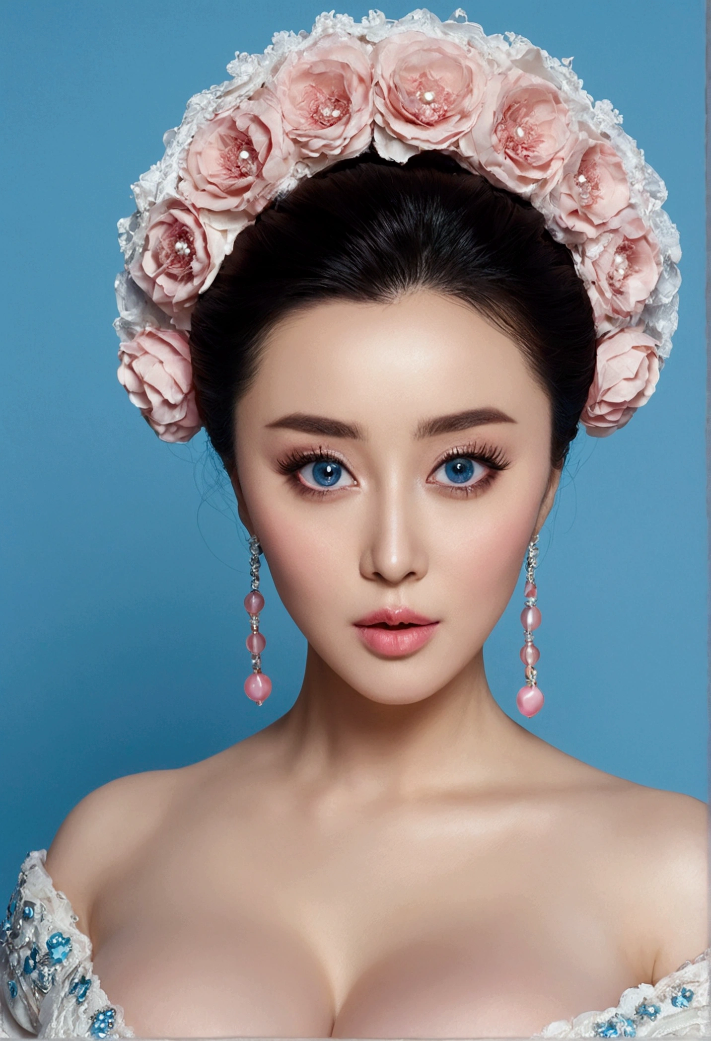Fermer, photo brute de fan bingbing , very detailed, perfect face, sexy face, baby face ta , super huge cleavage, blue eyes, perfecteyes, gigantic large breasts,, big , huge breasts, gigantic busty , thick , big naked hanging , professional lighting, solid blue background
light makeup eyes, flat solid color background, pink lips,More emphasis on the breasts
,hyper breasts,gigantic breasts,large breasts