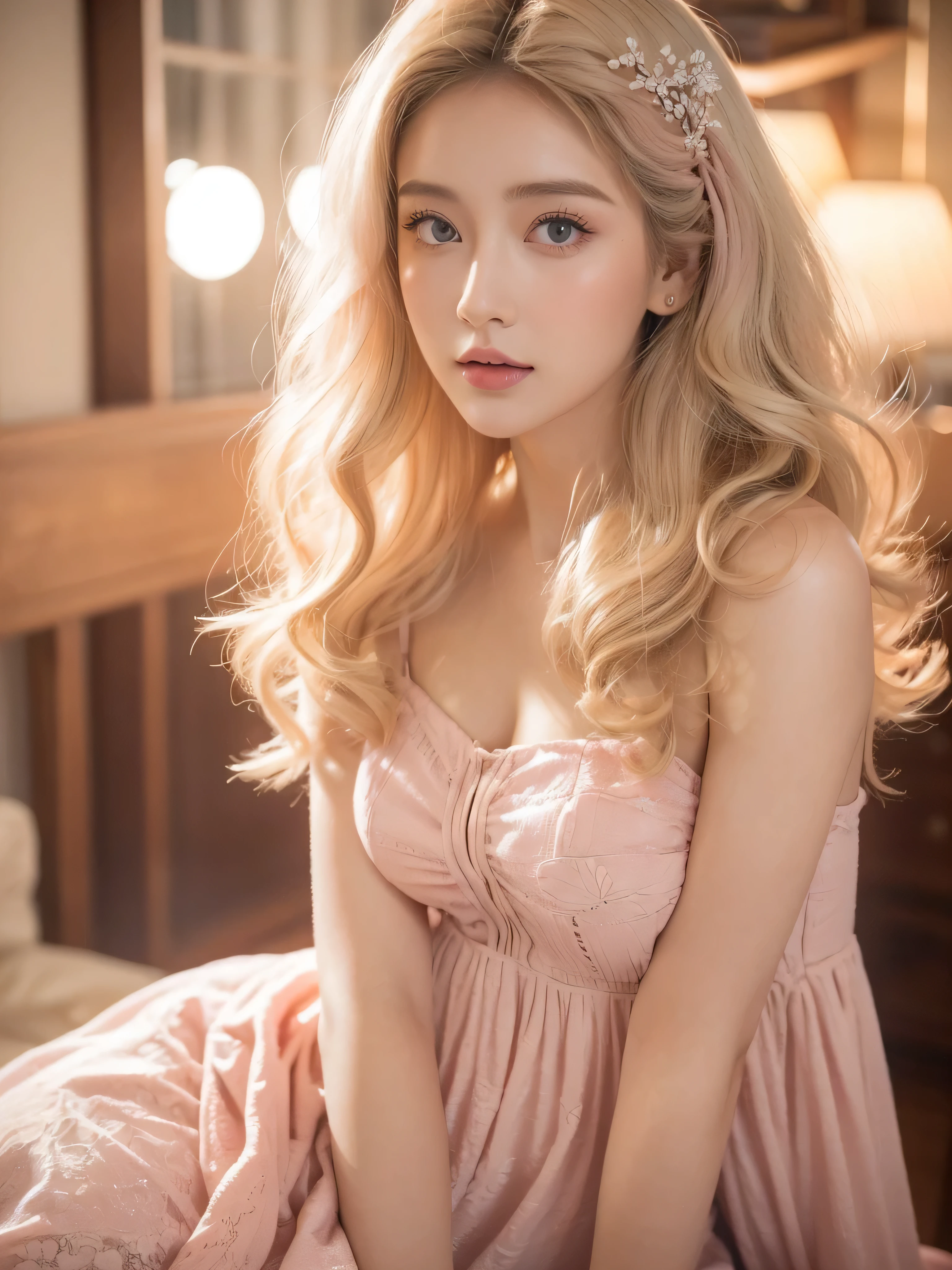 (close up of a beautiful 28 year old girl in a light pink vintage dress), movie stock photos, camera f1. 6, saturated colors, Vibrant, lifelike textures, Impressive classic lighting, Modern style, sexy full body photo, Evening, Curly hair has just been dyed light blonde