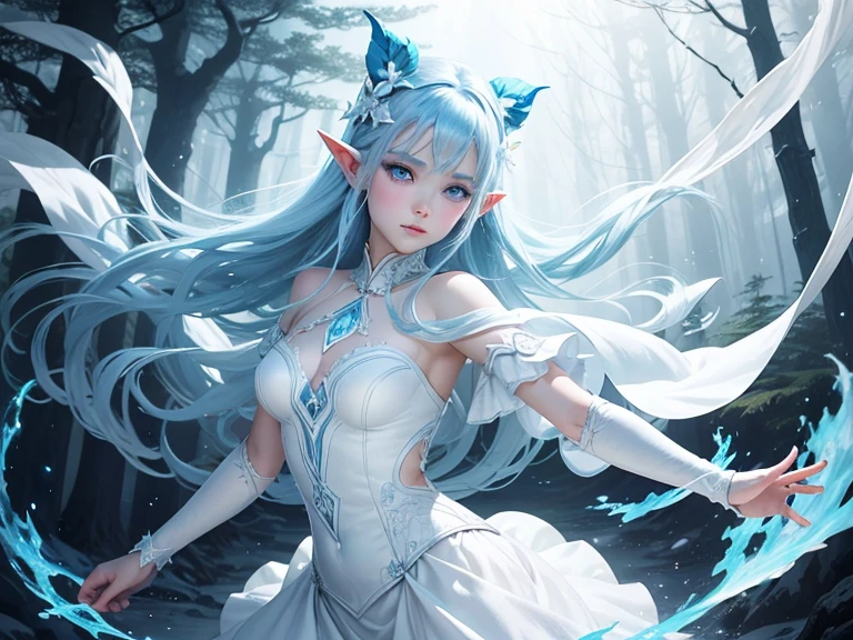 Beautiful elf in a white ballet dress、Blue Hair、White Face、Slitted blue eyes、Dancing on the ice in the Demon Forest、A mysterious white light enveloped her.、Mysterious fantasy painting、Light tones