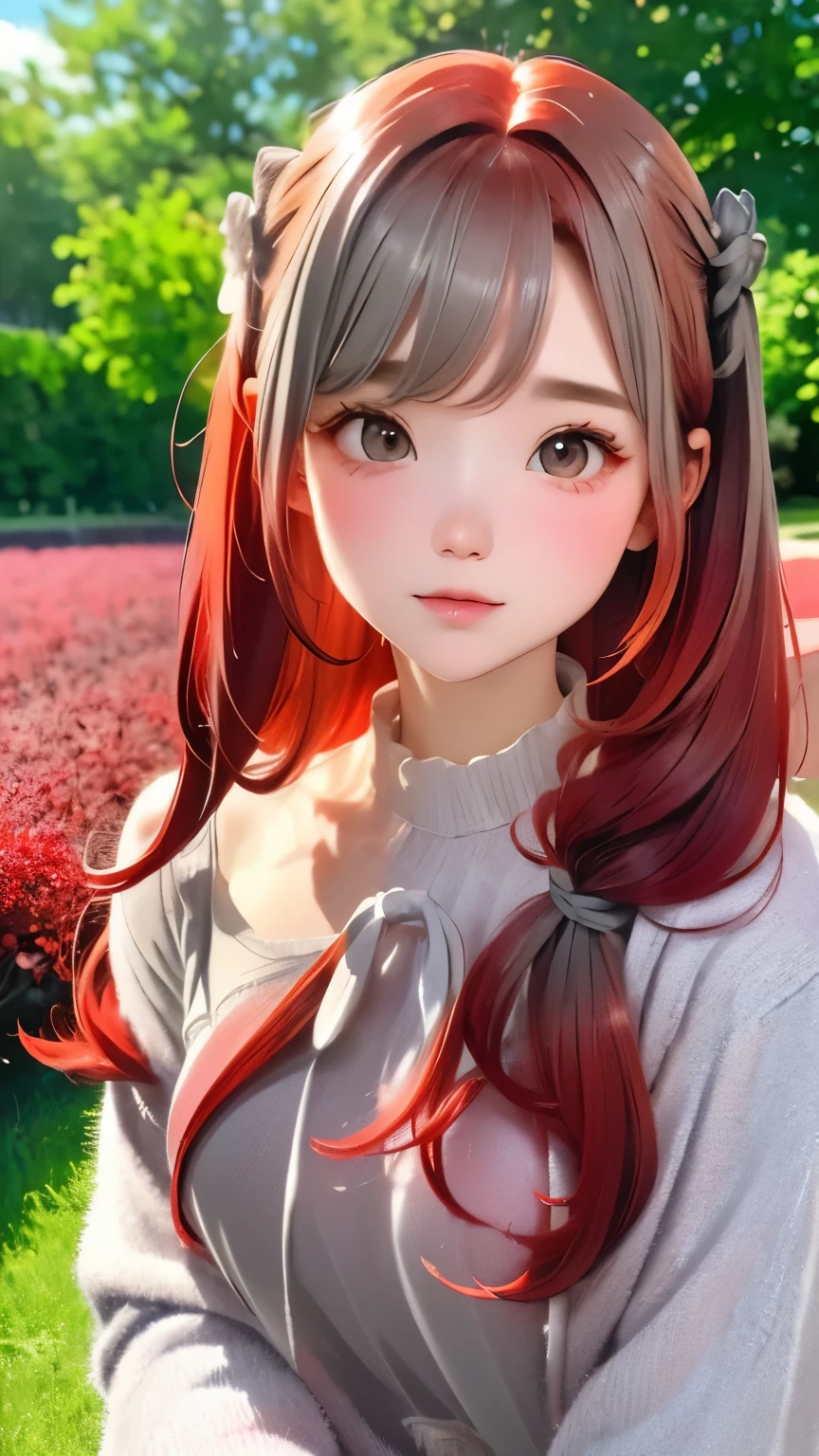 masterpiece:1.5、Highest quality、Ultra-high resolution、Very detailed、８ｋ、(((Gray Hair)))、(((Becoming a redhead:1.2)))、(((Beautiful gradient hair:1.2)))、One Girl、、big red ribbon hair ornament、Cute Face、Baby Face、Natural look、Casual costume、BREAK、Outdoor、Beautiful tree々、Flower Field、Blurred Background、