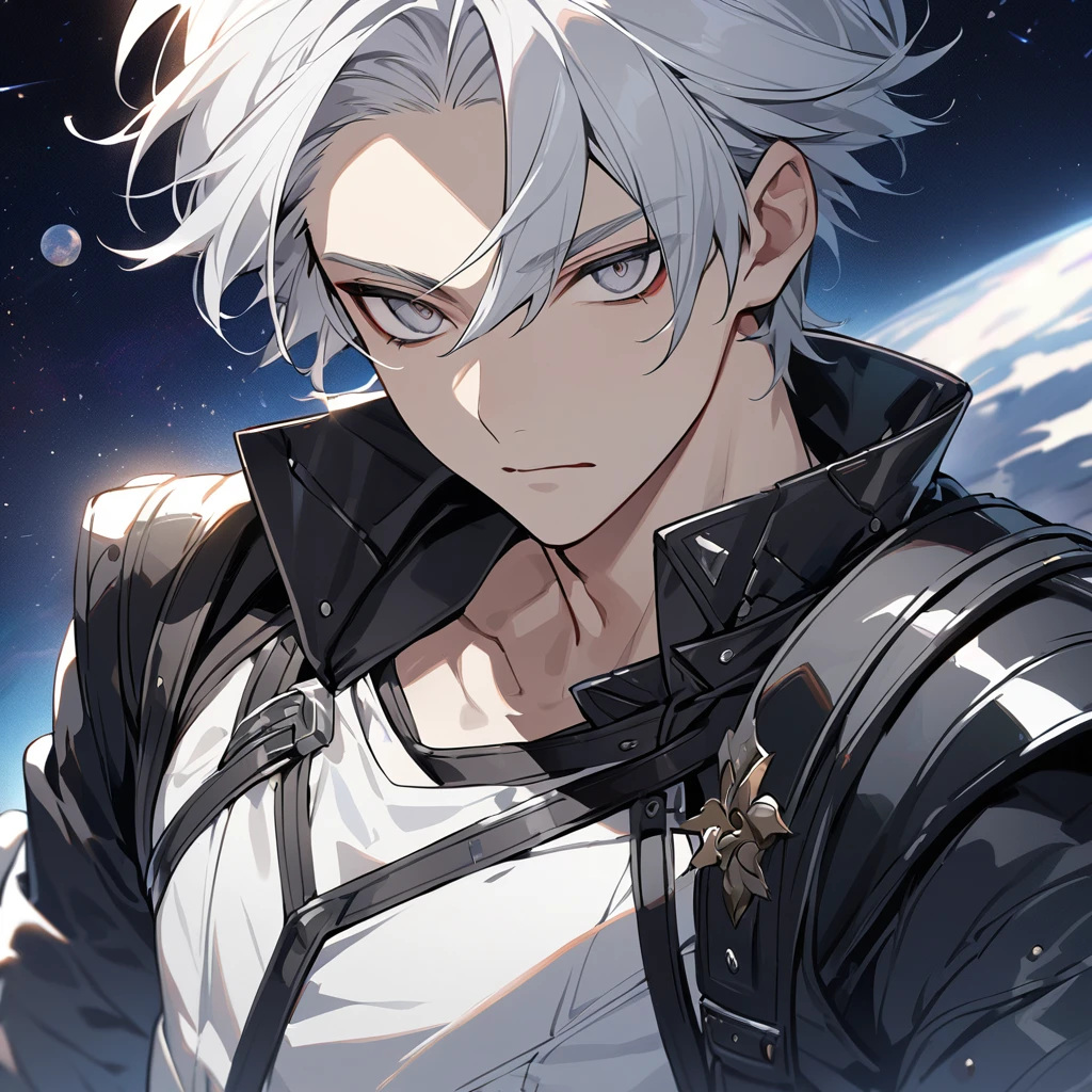 High quality, HD, 4k, no shadows, handsome male, 1male, 17 years old, teenager, short white hair, sharp eyes, grey colored eyes, deep grey eyes, grey eyes, devil may cry, close up, calm expression, stoic expression, black leather clothes, white leather clothing, lean body, well trained body, upper body, looking at viewer, cowboy shot, white solar, space background