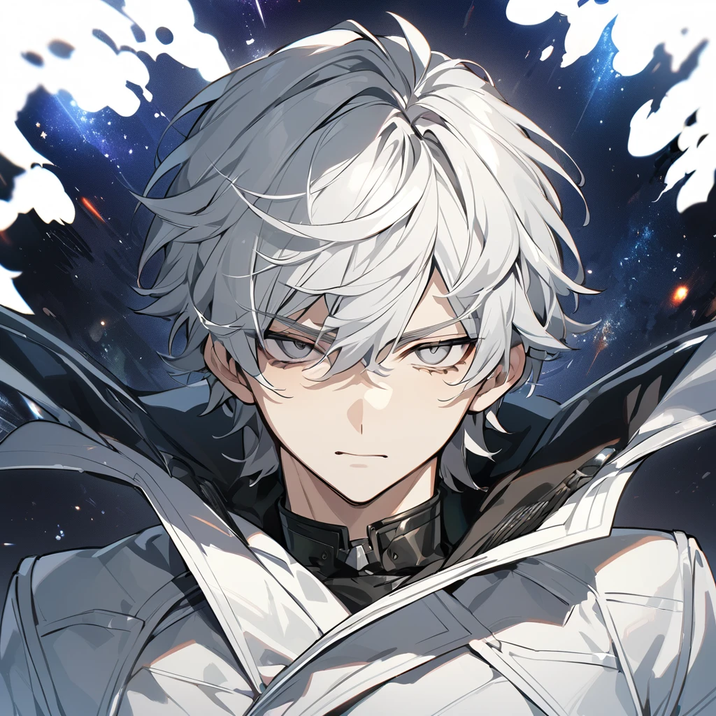 High quality, HD, 4k, no shadows, handsome male, 1male, 17 years old, teenager, short white hair, sharp eyes, grey colored eyes, deep grey eyes, grey eyes, devil may cry, close up, calm expression, stoic expression, black leather clothes, white leather clothing, lean body, well trained body, upper body, looking at viewer, cowboy shot, white solar, space background