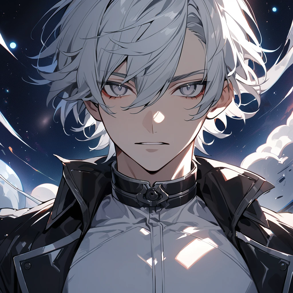 High quality, HD, 4k, no shadows, handsome male, 1male, 17 years old, teenager, short white hair, sharp eyes, grey colored eyes, deep grey eyes, grey eyes, devil may cry, close up, calm expression, stoic expression, black leather clothes, white leather clothing, lean body, well trained body, upper body, looking at viewer, cowboy shot, white solar, space background