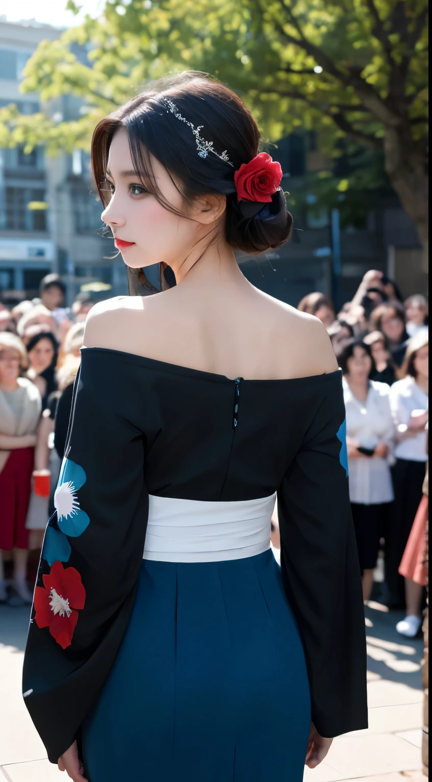 masterpiece, Highest quality, Highest quality, Official Art, beautifully、beautiful:1.2),1 girl, alone, kimono, red and black kimono, hair ornaments, unsheathing, Black Hair, sheath, blue eyes, Off the shoulder, Expose your shoulders, Recall, From behind, flower, Looking at the audience, Holding, Makeup, Outdoor,