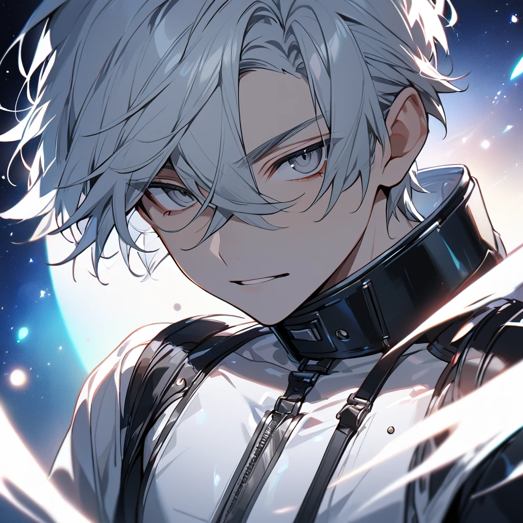 High quality, HD, 4k, no shadows, handsome male, 1male, , teenager, shwhite hair, sharp eyes, grey colored eyes, deep grey eyes, grey eyes, devil may cry, close up, calm expression, stoic expression, black leather clothes, white leather clothing, lean body, well trained body, upper body, looking at viewer, cowboy shot, white solar, space background