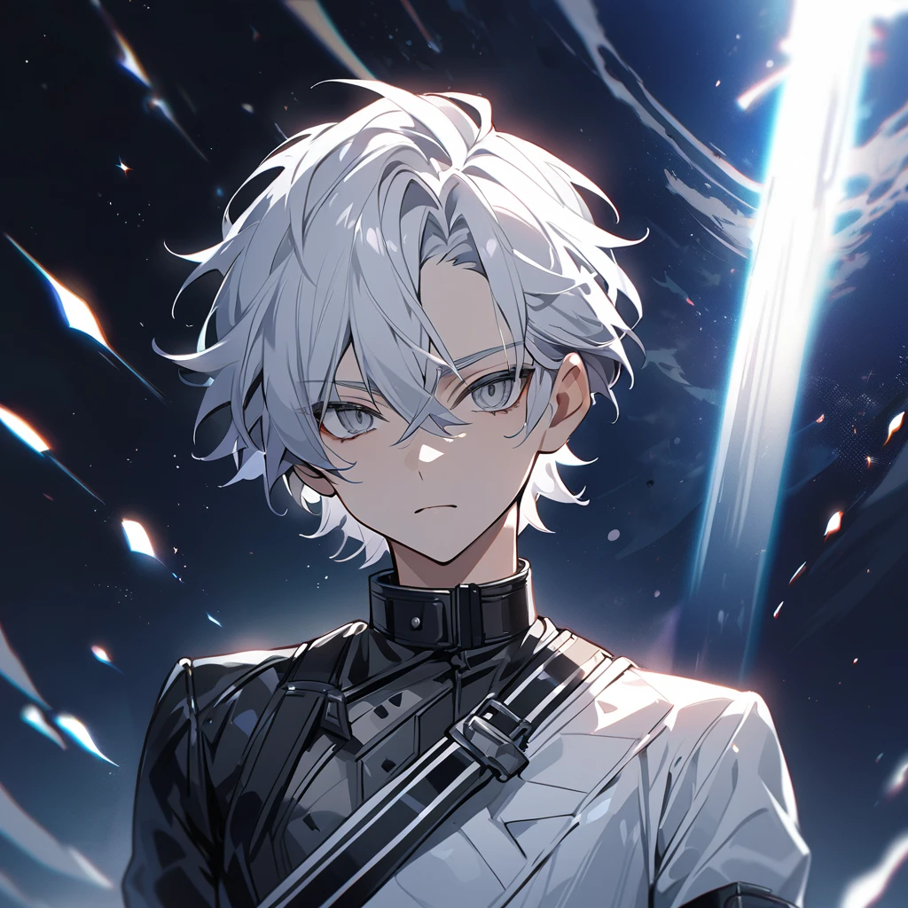 High quality, HD, 4k, no shadows, handsome male, 1male, , teenager, shwhite hair, sharp eyes, grey colored eyes, deep grey eyes, grey eyes, devil may cry, close up, calm expression, stoic expression, black leather clothes, white leather clothing, lean body, well trained body, upper body, looking at viewer, cowboy shot, white solar, space background