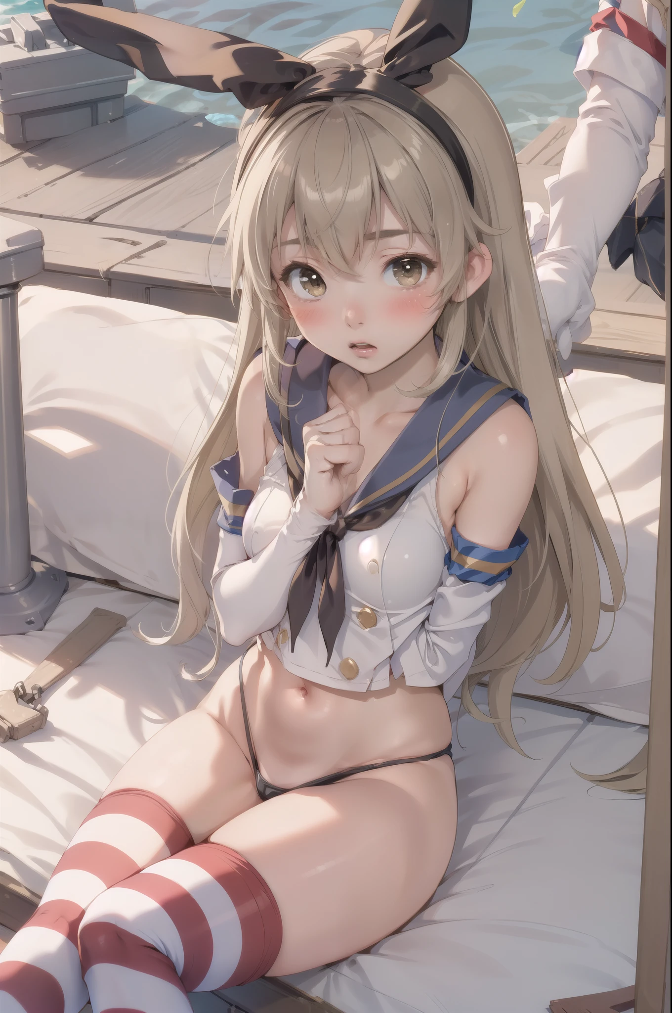 (masterpiece, Highest quality:1.2), ((Perfect hands, Perfect Legs, Perfect Anatomy)), Very detailed, Soft indirect lighting, Sharp focus, 4K, Break 1 Girl, alone, shimakaze, Blonde, Striped knee socks, mini skirt, Elbow hand pockets, Sailor collar, Anchor hair ornament, High leg panties, Black panties, Outdoor rest, Beach, sunny, Sitting, View your viewers, Nervous, blush, (Small breasts)