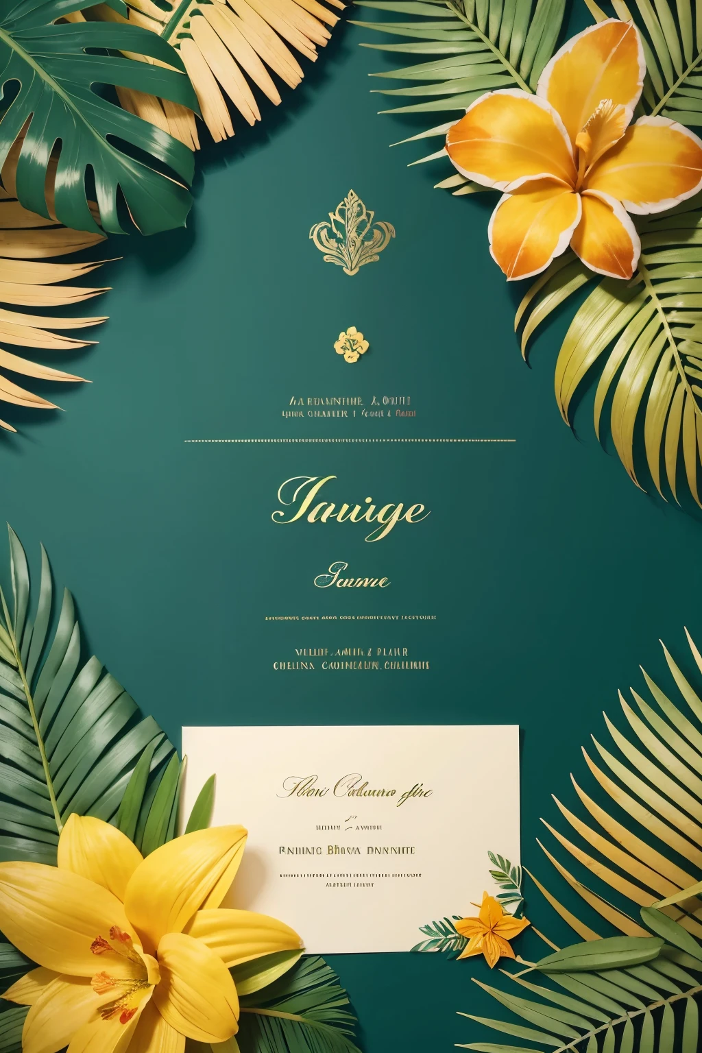 create an invitation for a party with these characteristics
Colors: Green, yellow, orange, blue
Elements: Palm leaves, tropical flowers, fruits such as pineapple and coconut
Text: Use a cursive or fun font for a cheerful touch