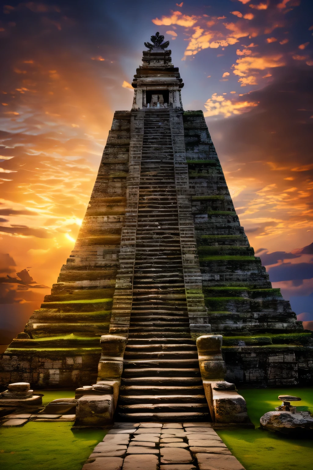 (best qualityer,4K,high resolution,work of art:1.2),ultra detali,(realisitic,photorealisitic:1.37),Mayan warriors on top of a temple, detailed stone sculptures, fierce expressions, details Intricate, ancient civilization, Historical context, powerful warriors, traditional outfit, Stone steps, stone pillars, Mayan Symbols, swirly vibrant colors, surreal atmosphere, Mystic aura, ancient wisdom, sunset glow, dramatic lighting