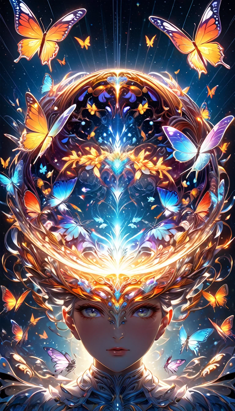 Layered transparency in the human mind and、Only the hybrid brain has butterflies drawn on it., beautiful detailed Complex insanely detailed octane render trending on artstation, 8k art photography, Realistic, In the center, Symmetric, I drew, Complex, Volumetric lighting, beautiful, A masterpiece of deep, rich colours, Sharp focus, Super detailed, Dan Mumford and Mark Simonetti's style, Astrophotography