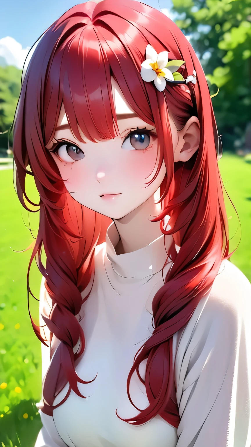 masterpiece:1.5、Highest quality、Ultra-high resolution、Very detailed、８ｋ、(((Gray Hair)))、(((Becoming a redhead:1.2)))、(((Beautiful gradient hair:1.2)))、One Girl、、big red ribbon hair ornament、Cute Face、Baby Face、Natural look、Casual costume、BREAK、Outdoor、Beautiful tree々、Flower Field、Blurred Background、