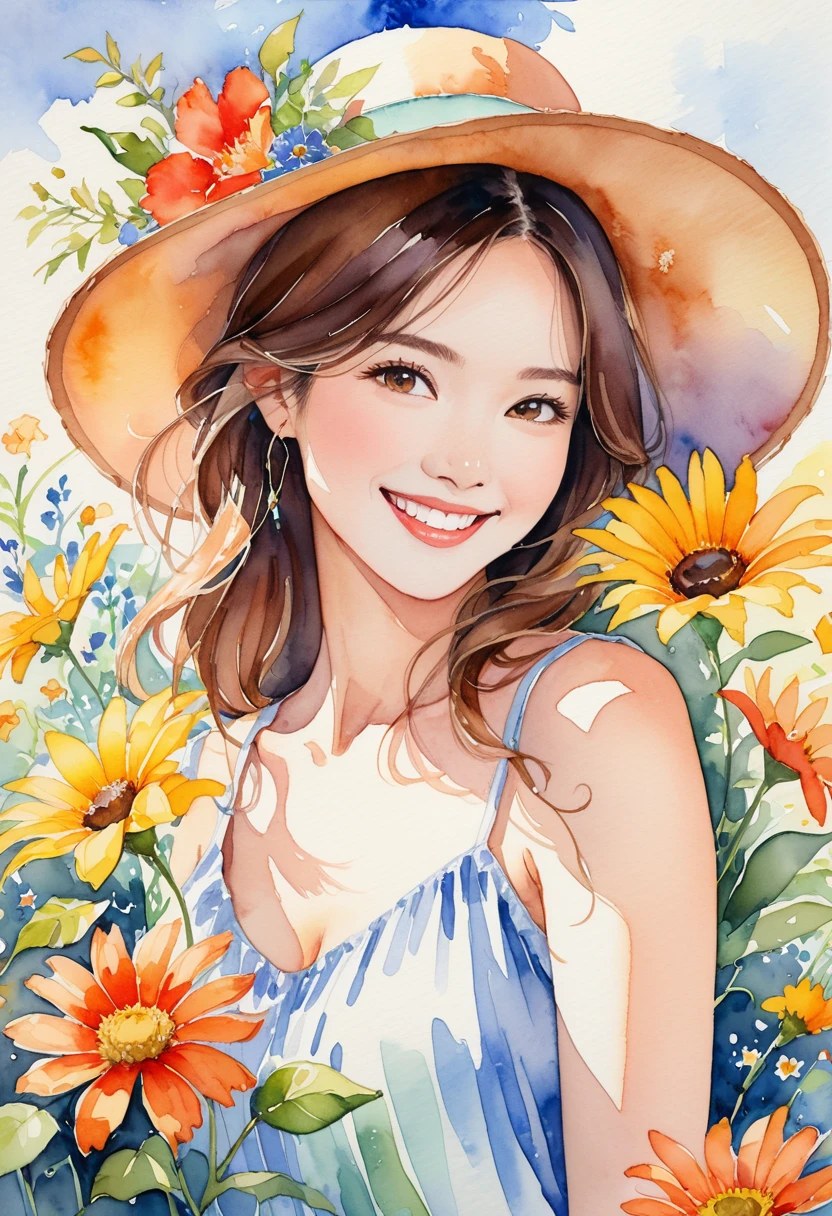 This is a very detailed watercolor painting, depicting flowers reminiscent of summer and a beautiful smiling woman.