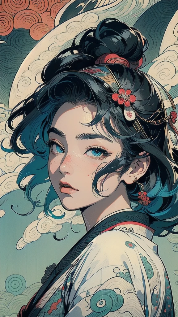 (((masterpiece, highest quality))),,(((solo:1.2))),(((1girl:1.2))),32k wallpaper, very detailed, poster, vintage science fiction,(((((portfolio))))),(((((Close-up))))),(((((bust up))))),((((more various angle)))),((((highlight)))),((((heterochromia)))),(((complete. detailed face))),(((detailed unlimited complete equipment : rail gun))),(((((Absolutely Realistic Clouds background))))),(((Texture for people : halftone))),((Open your mouth wide)),(((((Wind God and Thunder God))))),(((Ukiyo-e)))