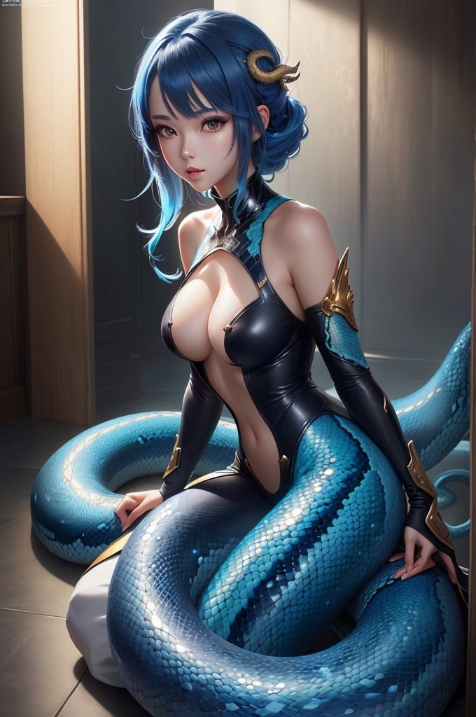 anime snake girl, lamia, extremely detailed artgerm, detailed digital anime art, trending on artstation pixiv, fine details. anime. snakegirl, many snakes as hair, 2. 5 d cgi anime fantasy artwork, scales on her chest, seductive anime snakegirl, blue scales covering her chest, fanart best artstation
