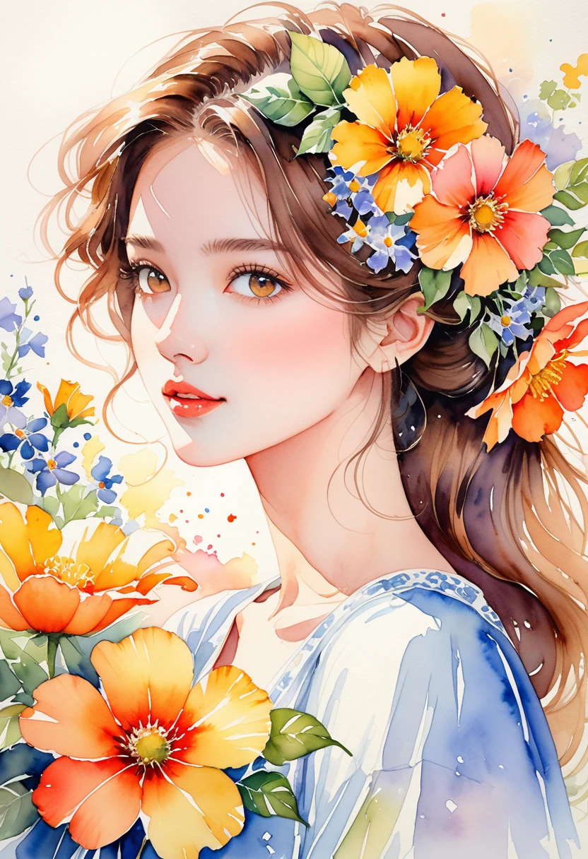A very detailed watercolor painting, Has flowers that are reminiscent of summer, Depicting a beautiful woman