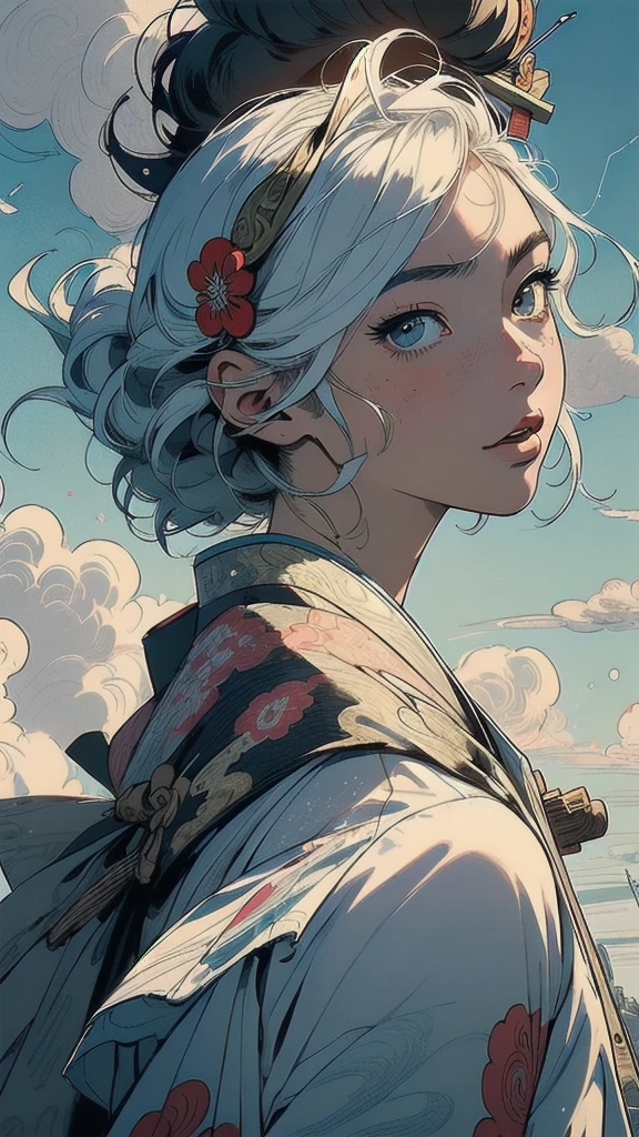(((masterpiece, highest quality))),,(((solo:1.2))),(((1girl:1.2))),32k wallpaper, very detailed, poster, vintage science fiction,(((((portfolio))))),(((((Close-up))))),(((((bust up))))),((((more various angle)))),((((highlight)))),((((heterochromia)))),(((complete. detailed face))),(((detailed unlimited complete equipment : rail gun))),(((((Absolutely Realistic Clouds background))))),(((Texture for people : halftone))),((Open your mouth wide)),(((((Wind God and Thunder God))))),(((Ukiyo-e)))
