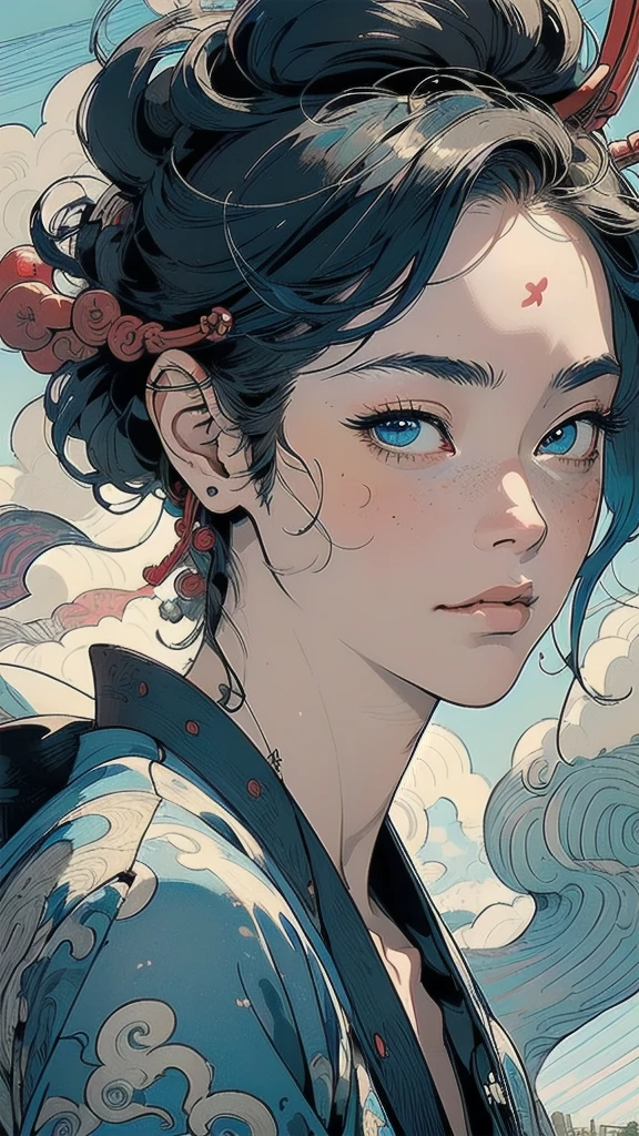 (((masterpiece, highest quality))),,(((solo:1.2))),(((1girl:1.2))),32k wallpaper, very detailed, poster, vintage science fiction,(((((portfolio))))),(((((Close-up))))),(((((bust up))))),((((more various angle)))),((((highlight)))),((((heterochromia)))),(((complete. detailed face))),(((detailed unlimited complete equipment : rail gun))),(((((Absolutely Realistic Clouds background))))),(((Texture for people : halftone))),((Open your mouth wide)),(((((Wind God and Thunder God))))),(((Ukiyo-e)))